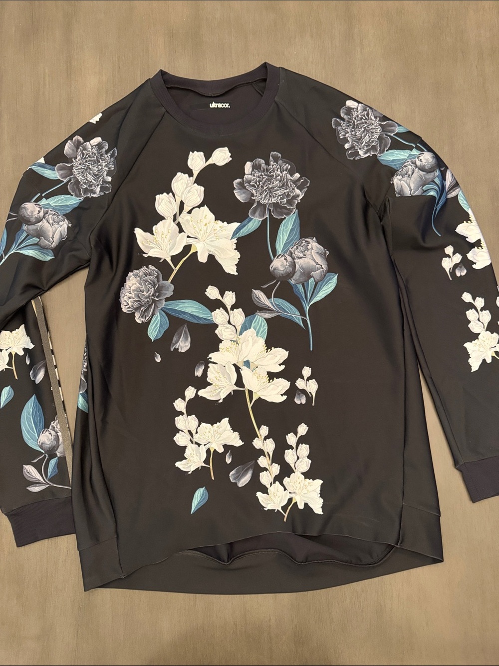 ultracor Black Floral Long-Sleeve Top with White and Blue Flowers